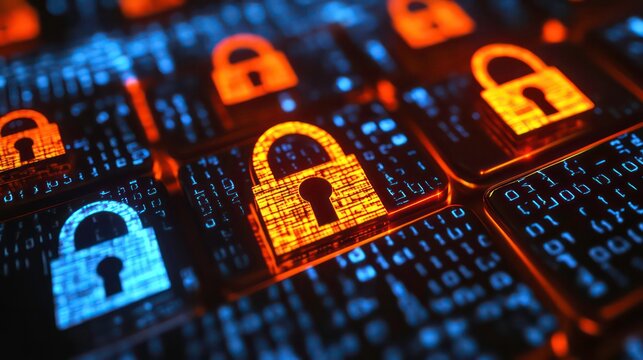 A close-up of a digital grid with glowing orange and blue padlock icons.