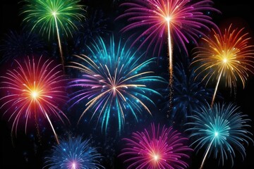 Naklejka premium Colorful fireworks on night sky background. Celebration and holidays concept. Independence Day 4th of July, New Year, festival. Bright explosions of lights in sky. Place for your text.