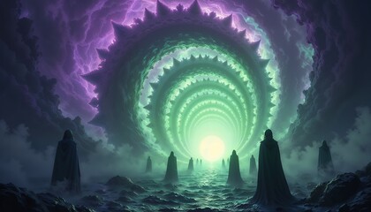 Mystical portal background with swirling energy and shadowy figures in deep purple to bright green