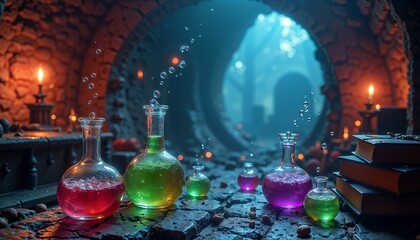 Wicked witch's lair background with bubbling potions and floating books in vibrant hues