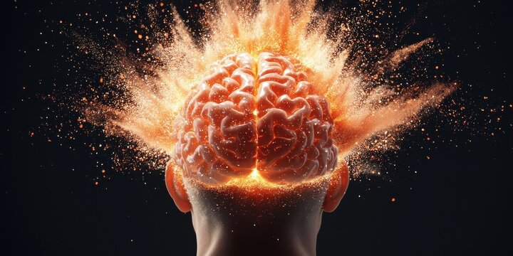 A surreal image depicting a human head with a brain exploding in vibrant colors, symbolizing creativity, ideas, and mental intensity.
