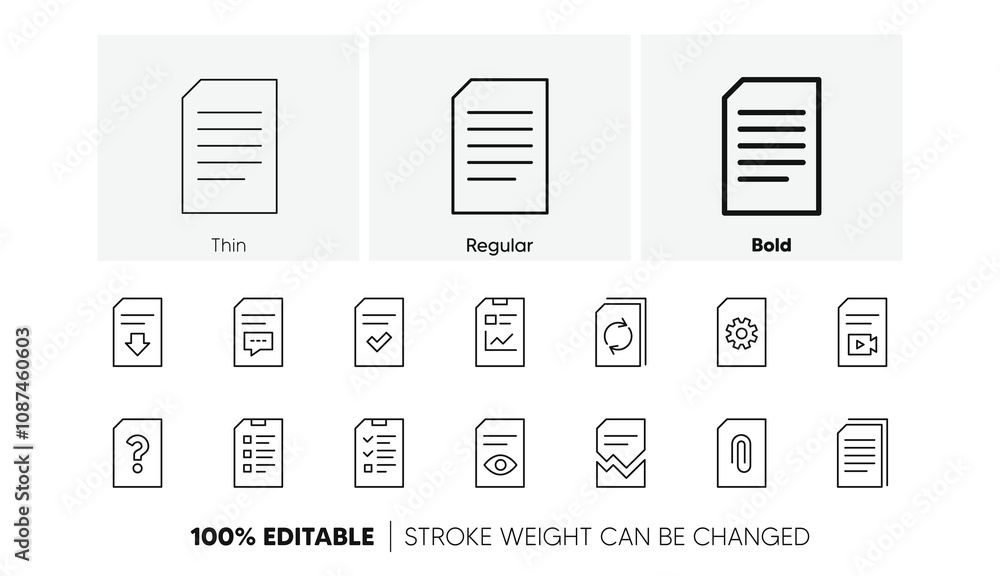 Poster report, checklist and download file. document line icons. read message linear icon set. line icons s