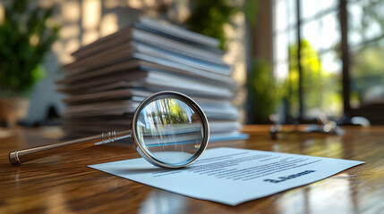 Close-up of a magnifying glass on a document with stacks of papers in the background, symbolizing research and analysis.
