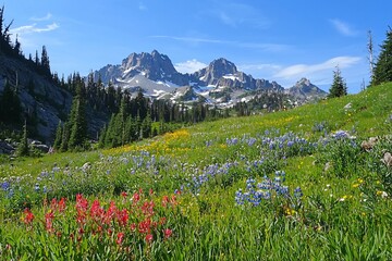 Vibrant Wildflower Meadow with Majestic Mountain Backdrop