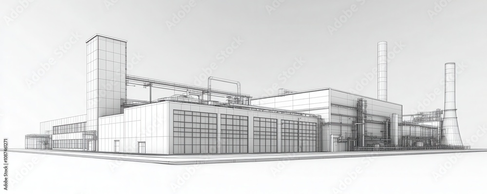 Poster a detailed architectural sketch of a large industrial building, showcasing its structure and design 