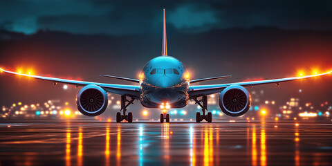 Large passenger aviation aircraft on the airport taxiway preparing for departure under the city evening light.
