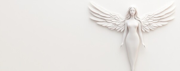 A serene, white angel sculpture with large wings, set against a minimalist background, evoking a sense of peace and spirituality.