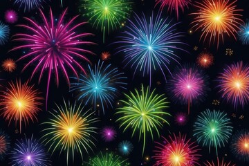 Naklejka premium Colorful fireworks on night sky background. Celebration and holidays concept. Independence Day 4th of July, New Year, festival. Bright explosions of lights in sky. Place for your text.