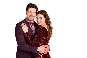 Portrait of his he her she nice-looking attractive lovely smart charming pretty cheerful gentle people cuddling spending festive isolated over bright vivid shine yellow background