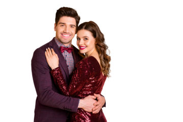 Portrait of his he her she nice-looking attractive lovely smart charming pretty cheerful gentle people cuddling spending festive isolated over bright vivid shine yellow background