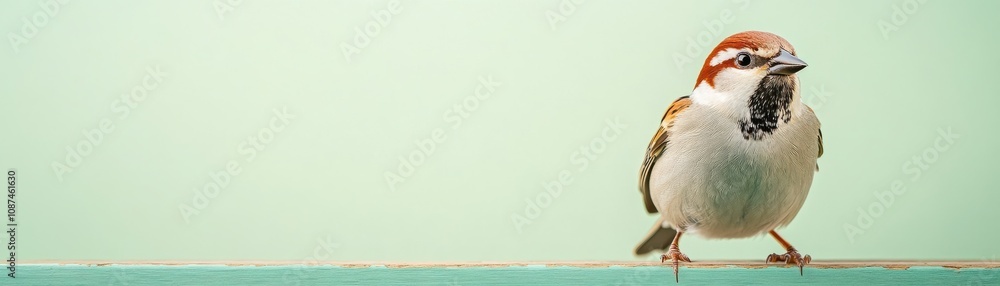 Poster a small bird stands on a ledge with a soft green background, showcasing its distinctive markings and