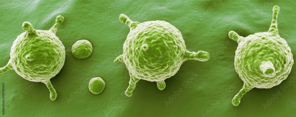 Poster microscopic view of green bacteria on a textured surface, showcasing their unique shapes and structu