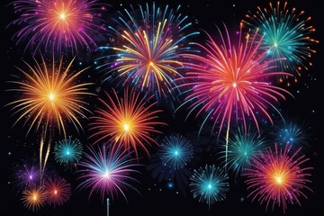 Fototapeta premium Colorful fireworks on night sky background. Celebration and holidays concept. Independence Day 4th of July, New Year, festival. Bright explosions of lights in sky. Place for your text.