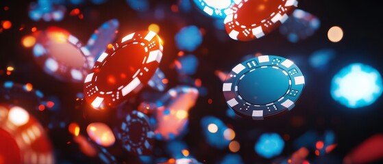 A vibrant display of floating poker chips against a dark background, evoking the excitement of gaming and casino atmospheres.