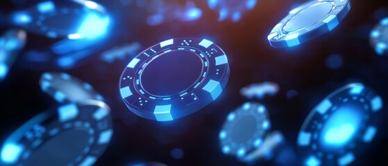 A vibrant display of floating blue casino chips, evoking a sense of excitement and chance in a digital gaming environment.