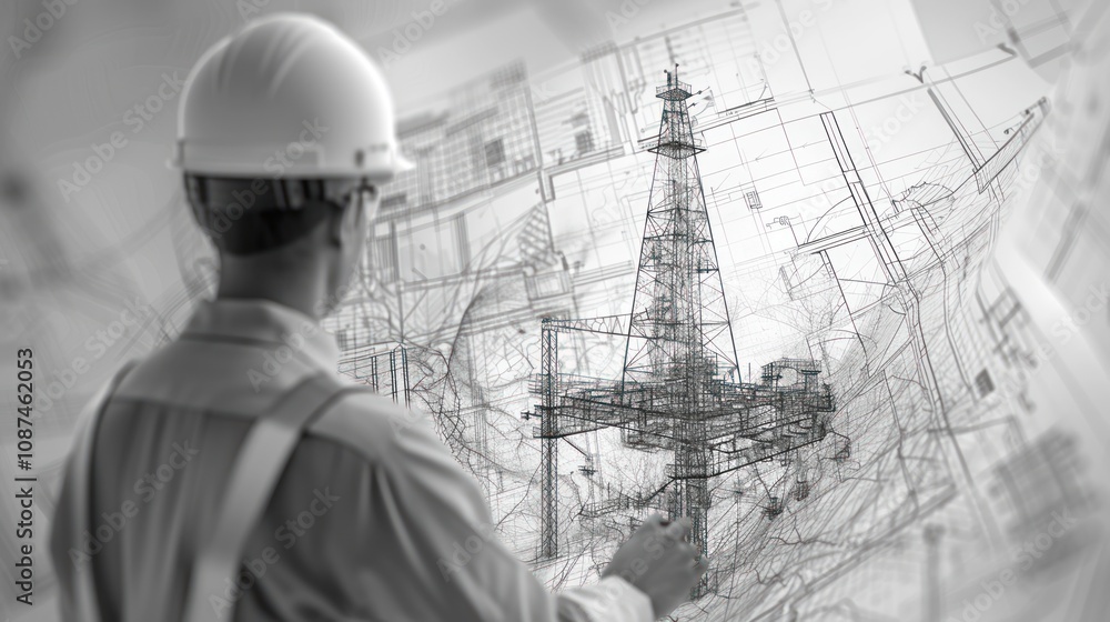 Poster an engineer in a white hardhat looks at a blueprint of a large structure.
