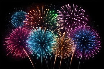 Colorful fireworks on night sky background. Celebration and holidays concept. Independence Day 4th of July, New Year, festival. Bright explosions of lights in sky. Place for your text.