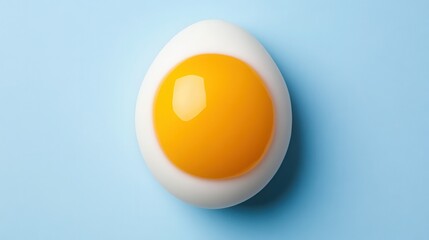 A fresh egg with a bright yellow yolk sits on a light blue background, showcasing its smooth white shell and vibrant color.