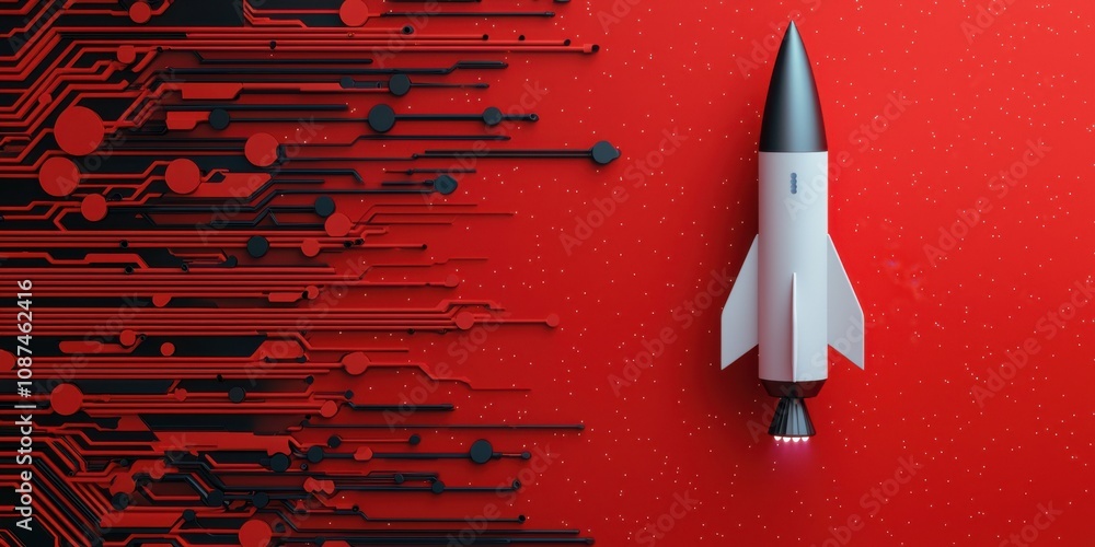 Poster a sleek, futuristic rocket sits against a vibrant red background with abstract circuit patterns, sym