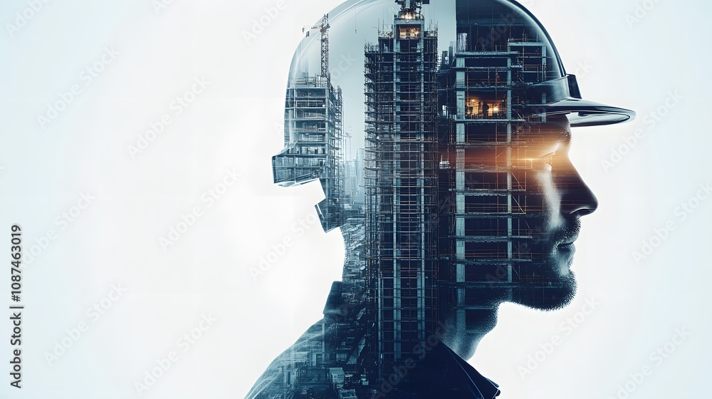 Poster thoughtful construction worker overlayed with city skyline and cranes, symbolizing the future of bui