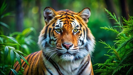 Obraz premium Stunning Tilt-Shift Photography of a Siberian Tiger Panthera tigris tigris Captured in Detail, Showcasing Its Majestic Stripes and Intense Gaze Amidst a Natural Habitat