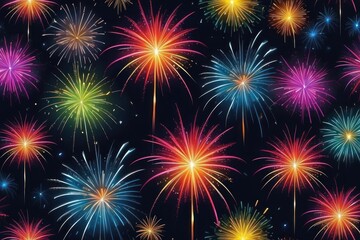 Colorful fireworks on night sky background. Celebration and holidays concept. Independence Day 4th of July, New Year, festival. Bright explosions of lights in sky. Place for your text.