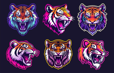 tiger emblem. wild cat in neon colors on dark background set, aggressive growling open mouth fangs esport sign logo team vector illustration