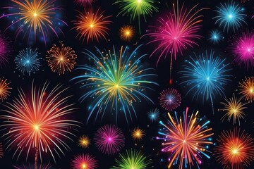 Naklejka premium Colorful fireworks on night sky background. Celebration and holidays concept. Independence Day 4th of July, New Year, festival. Bright explosions of lights in sky. Place for your text.