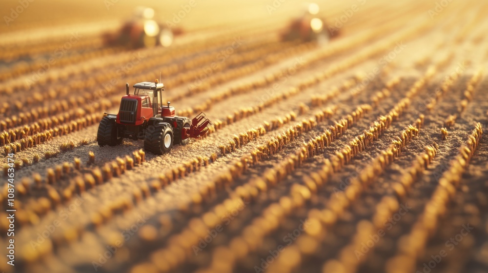 Poster robotic machines efficiently sowing seeds in neat rows across vast farmland at sunset, showcasing ag