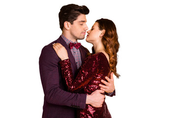 Portrait of his he her she nice-looking attractive lovely passionate gorgeous charming gentle cheerful people cuddling 14th February isolated over bright vivid shine yellow background