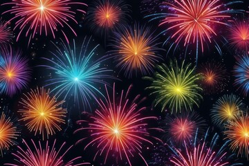 Colorful fireworks on night sky background. Celebration and holidays concept. Independence Day 4th of July, New Year, festival. Bright explosions of lights in sky. Place for your text.