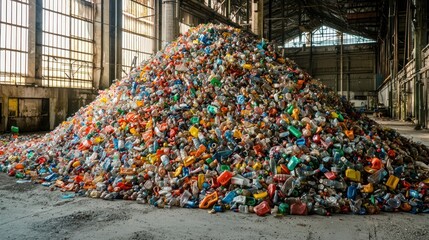 Large pile of used plastic bottles, showing various shapes and colors, in a recycling facility