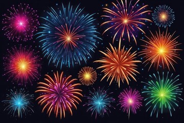 Fototapeta premium Colorful fireworks on night sky background. Celebration and holidays concept. Independence Day 4th of July, New Year, festival. Bright explosions of lights in sky. Place for your text.