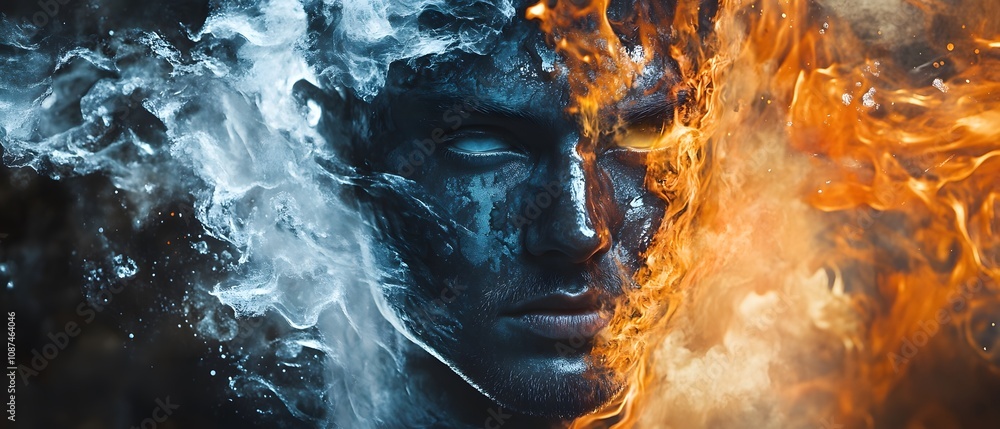Poster dramatic portrait of a man with flames and smoke combining elements of fire and water, representing 