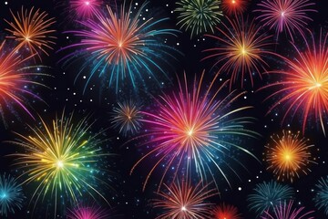 Naklejka premium Colorful fireworks on night sky background. Celebration and holidays concept. Independence Day 4th of July, New Year, festival. Bright explosions of lights in sky. Place for your text.