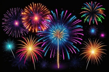 Colorful fireworks on night sky background. Celebration and holidays concept. Independence Day 4th of July, New Year, festival. Bright explosions of lights in sky. Place for your text.