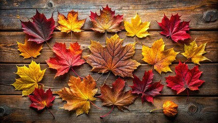 Fototapeta premium A collection of vibrant autumn leaves in shades of red, orange, and yellow, arranged on a rustic wooden surface, showcasing the beauty of nature's seasonal transformation.