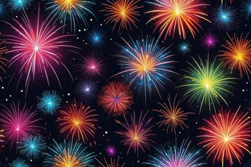 Colorful fireworks on night sky background. Celebration and holidays concept. Independence Day 4th of July, New Year, festival. Bright explosions of lights in sky. Place for your text.