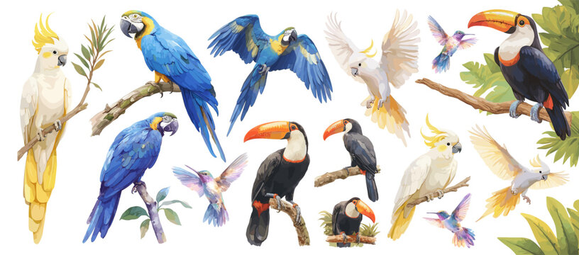 tropical birds watercolor. parrot cockatoo hummingbird toucan blue macaw set, on branch in flight exotic bright colorful jungle fauna animals nature hot climate vector illustration