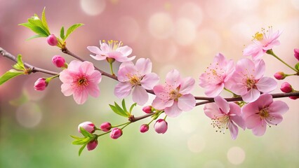 Obraz premium Delicate Pink Blossoms Gracefully Adorn a Branch, Embracing the Soft Glow of a Spring Morning