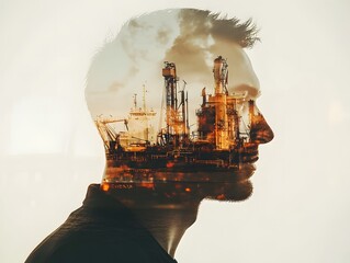 A Creative Double Exposure Portrait of a Man with an Industrial Landscape Silhouette Reflecting on His Profile in a Contemporary Visual Art Style