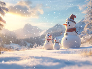 Fototapeta premium Joyful Snowman Family in a Winter Wonderland