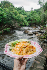 Hand holding a plate of fried rice against a waterfall background.