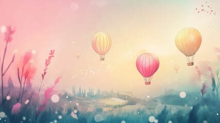 Obraz premium Colorful hot air balloons float in a dreamy pastel sky, surrounded by soft flowers and a serene landscape.