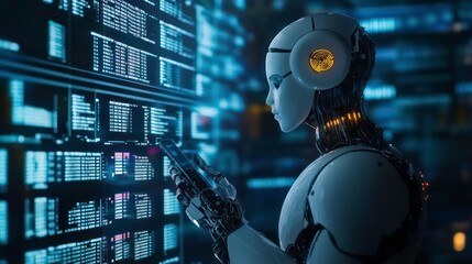 A humanoid robot stands in front of a wall of digital screens, its hand hovering over a glowing tablet, showcasing the advancement of artificial intelligence in modern technology.