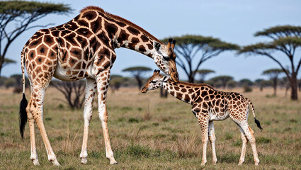 Obraz premium Mother giraffe with calf on grassy African savannah scene.