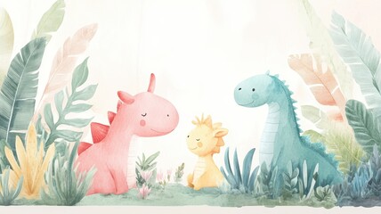 A whimsical watercolor illustration featuring a pink dinosaur, a blue dinosaur, and a yellow creature among lush, colorful foliage.
