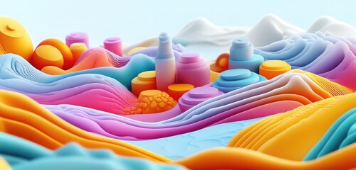A colorful 3D landscape with layers of shapes rising and falling, representing the ups and downs of the creative process.