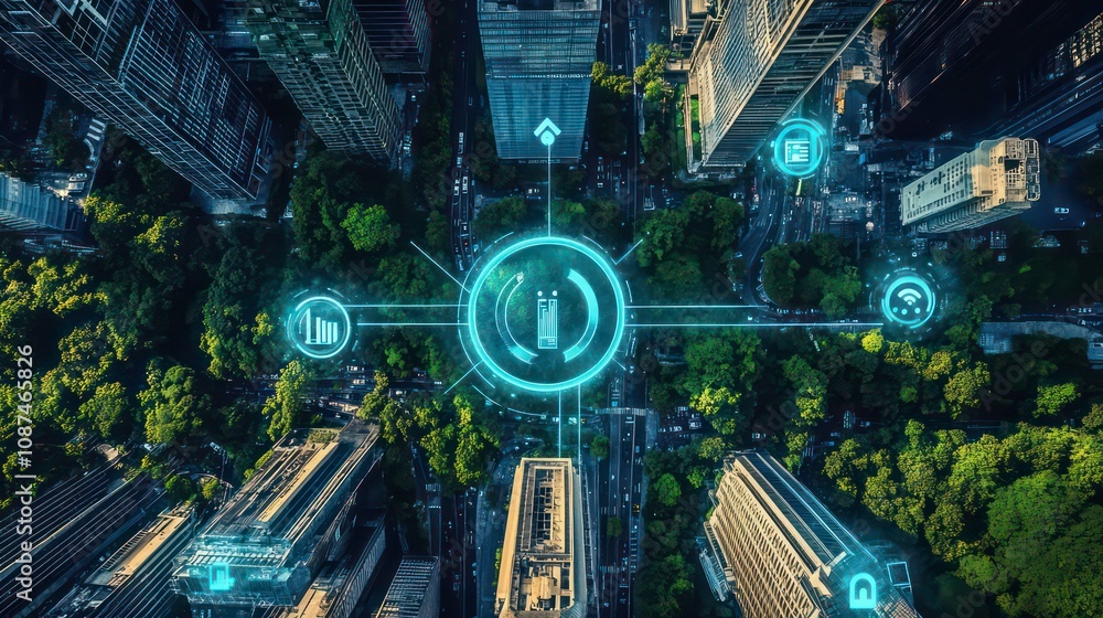 Poster aerial view of a city with a digital interface showing connected devices and a smartphone icon.
