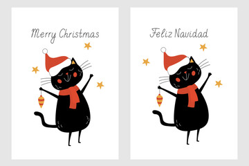 Greeting card with a funny, joyful black cat wearing Santa hat and holding a Christmas ornament. Hand drawn lettering Merry Christmas in Spanish and English